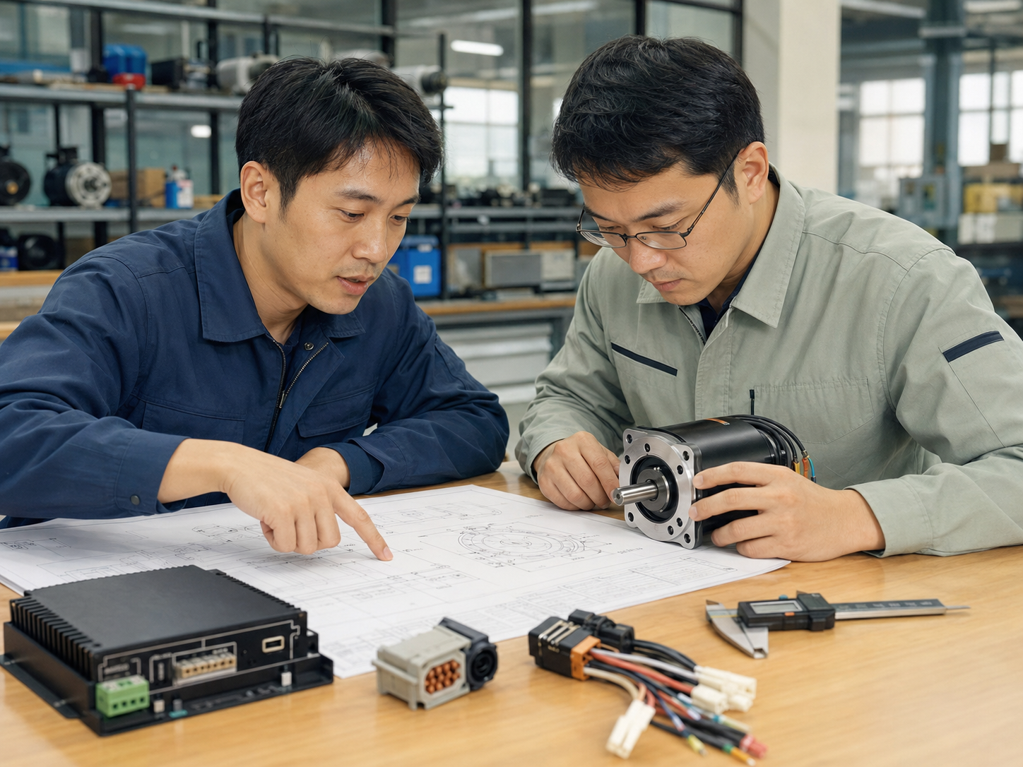HAGMOTOR engineers reviewing a motor drawing and application requirements