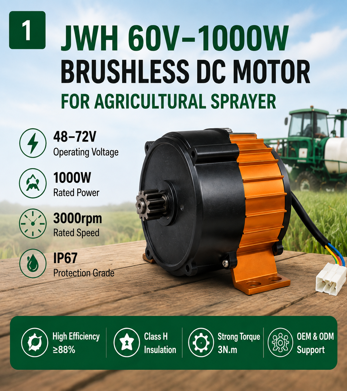 JWH 60V 1000W brushless DC motor for agricultural sprayers