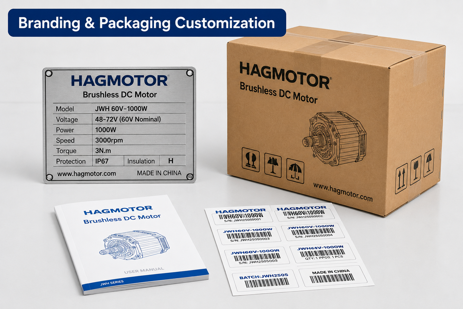 HAGMOTOR branding nameplate manual labels and packaging customization