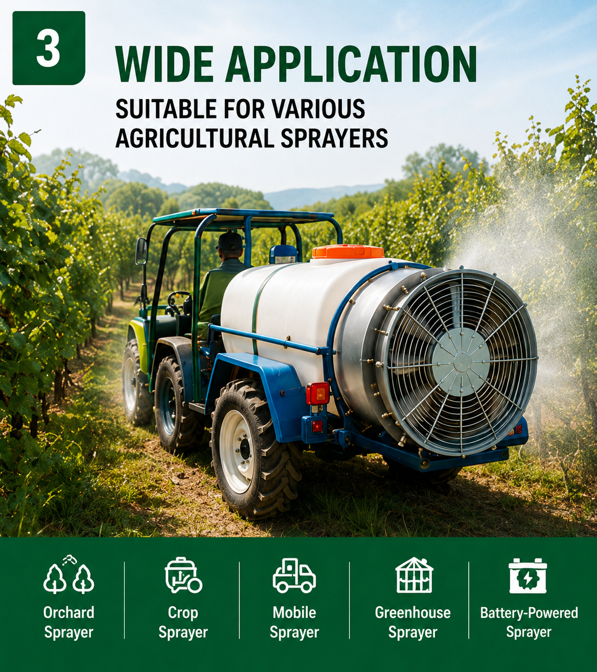 Agricultural sprayer working in orchard