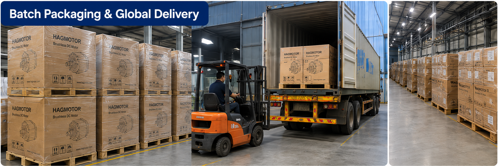 Batch packaging warehouse container loading and global delivery