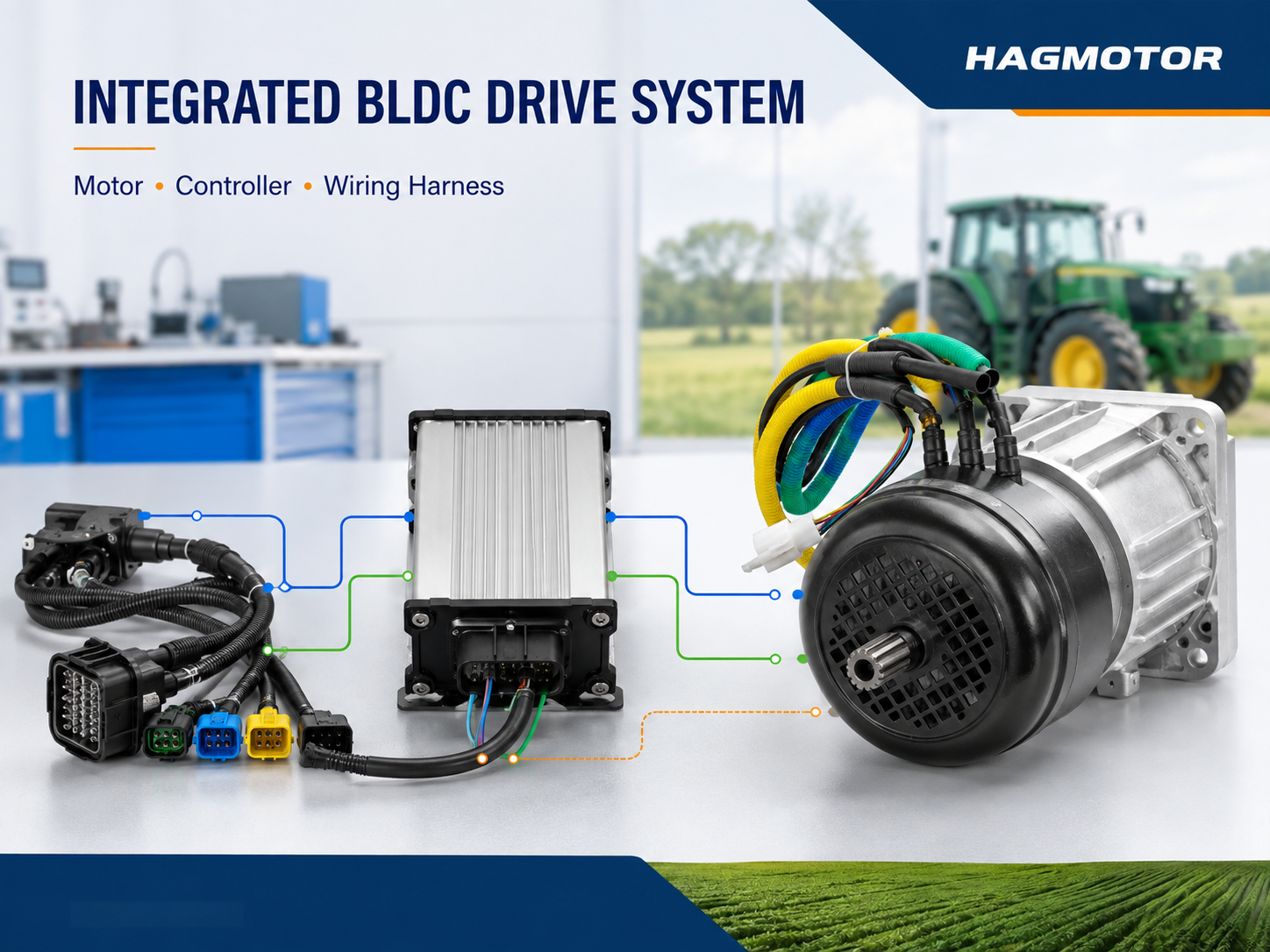 Agricultural motor controller and wiring harness system