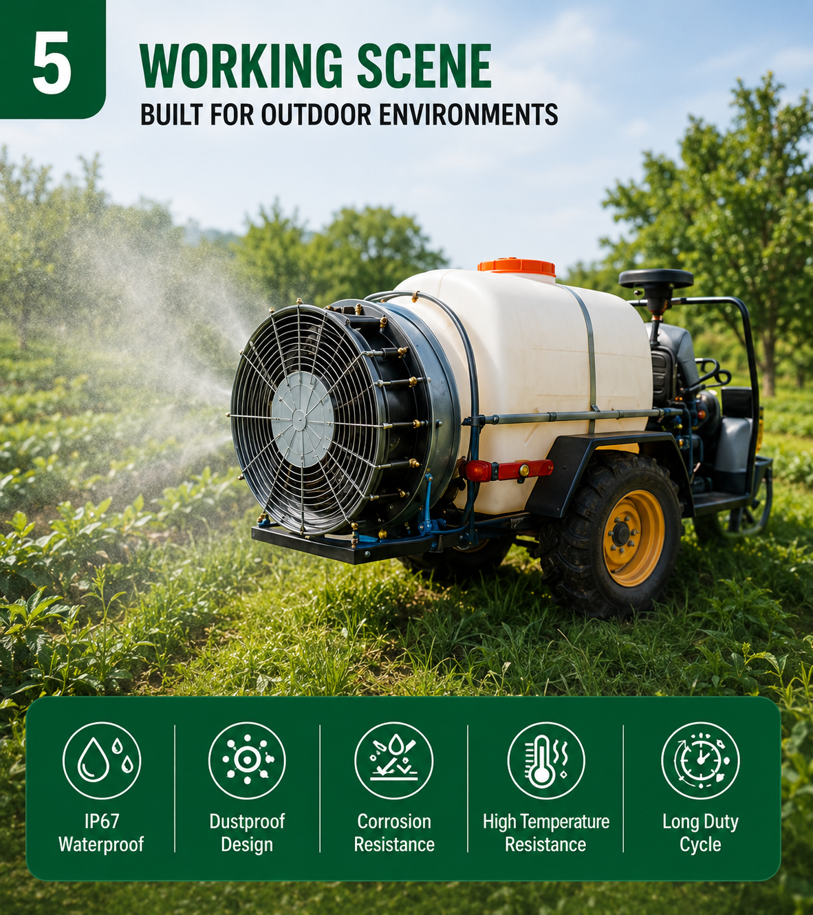Agricultural sprayer motor outdoor working conditions
