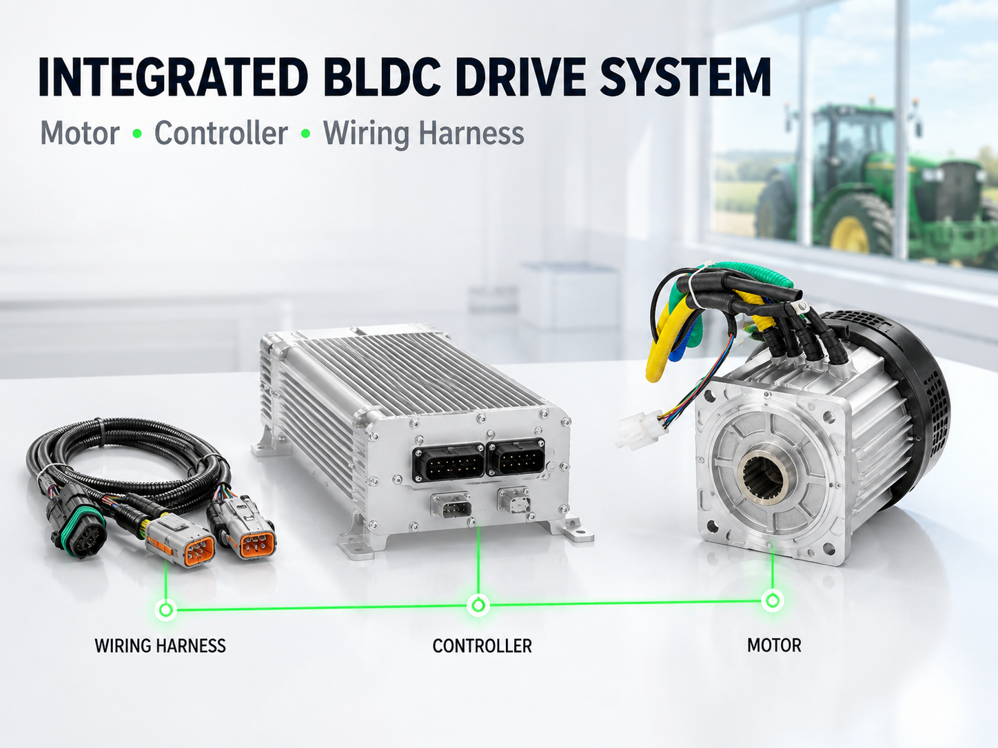 Integrated BLDC motor controller and harness package